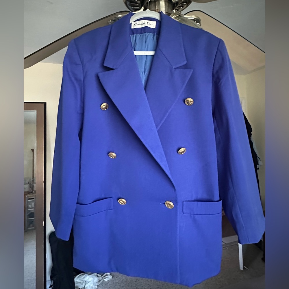 Christian Dior Vintage Cobalt Blue Double Breasted Blazer Size 8 Gold Buttons